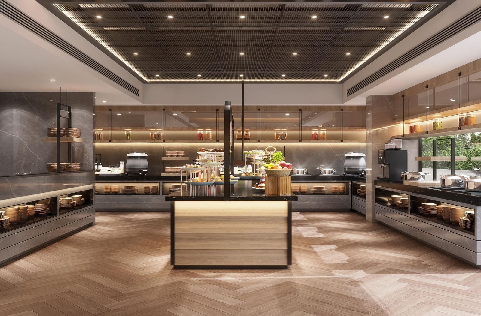Image of a buffet section with food and crockery on the tables at Ramada Encore by Wyndham Gurugram Dwarka Expressway.